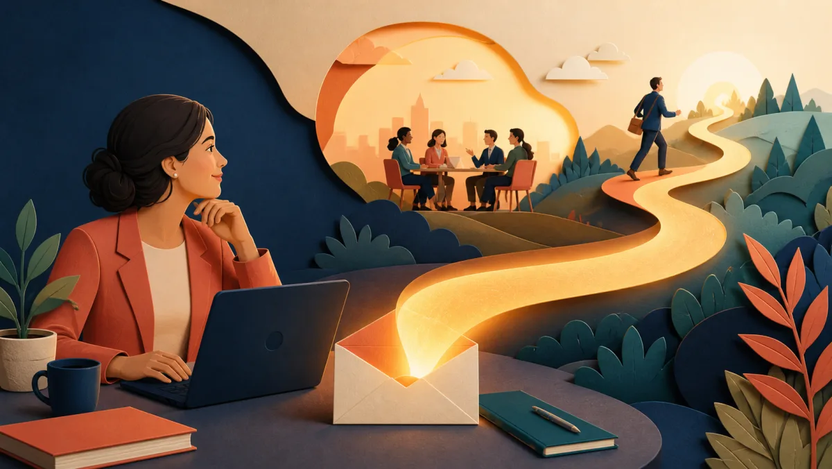 A warm path rising from an email toward a future professional meeting and ongoing action