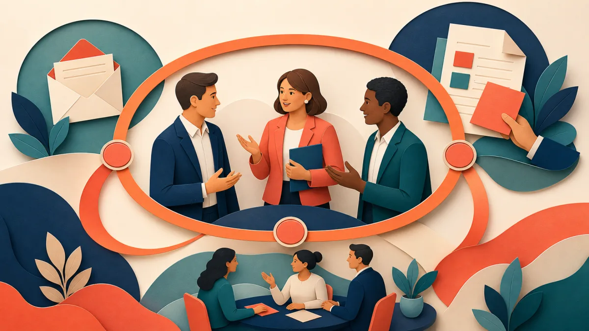 Professionals joined by one continuous loop across messages, document review, and a shared meeting