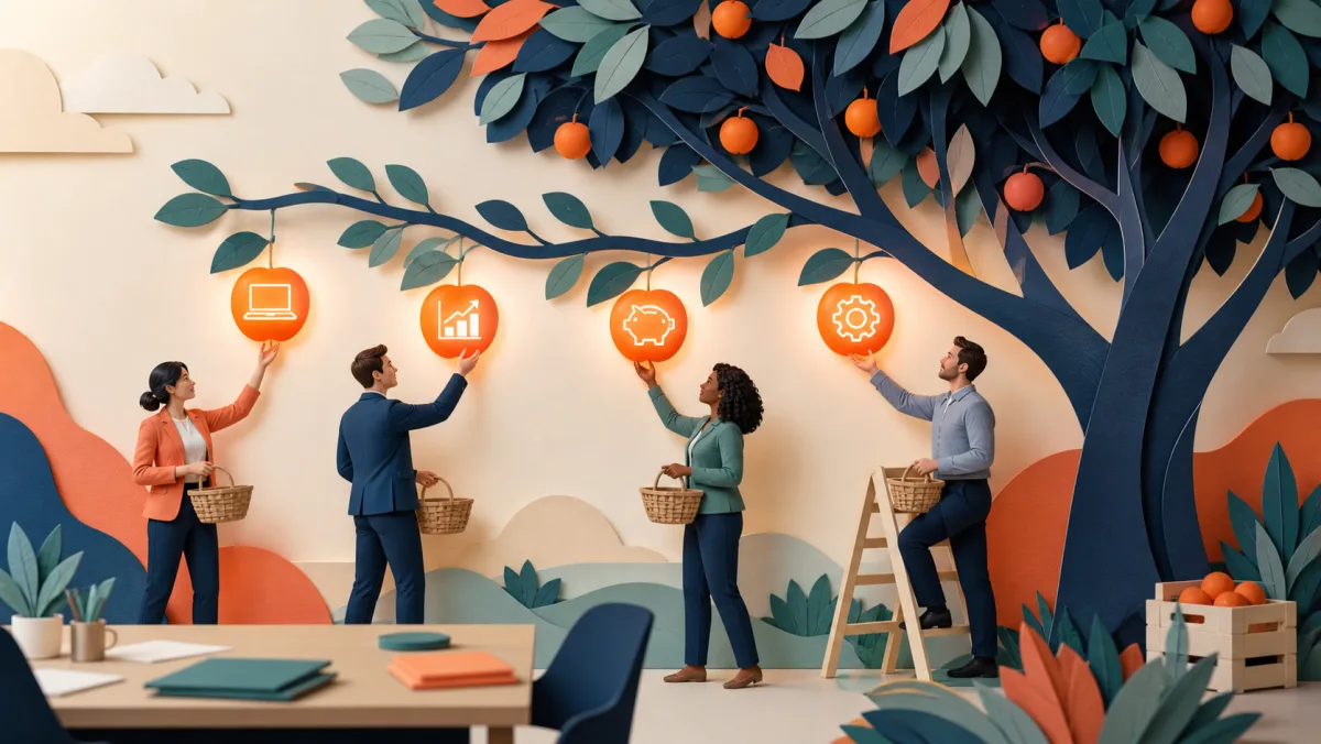Professionals picking reachable opportunity fruit for software, growth, savings, and process improvements