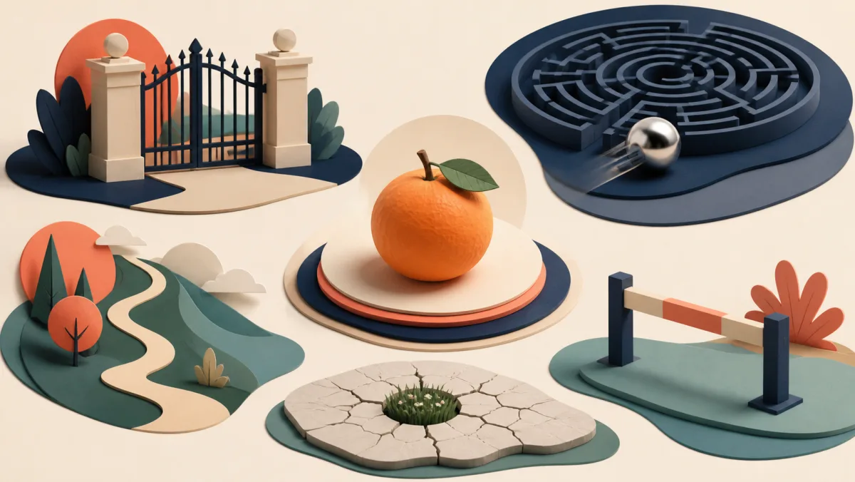 A reachable fruit surrounded by distinct metaphors for a requirement, simple solution, easy path, patch, and low hurdle