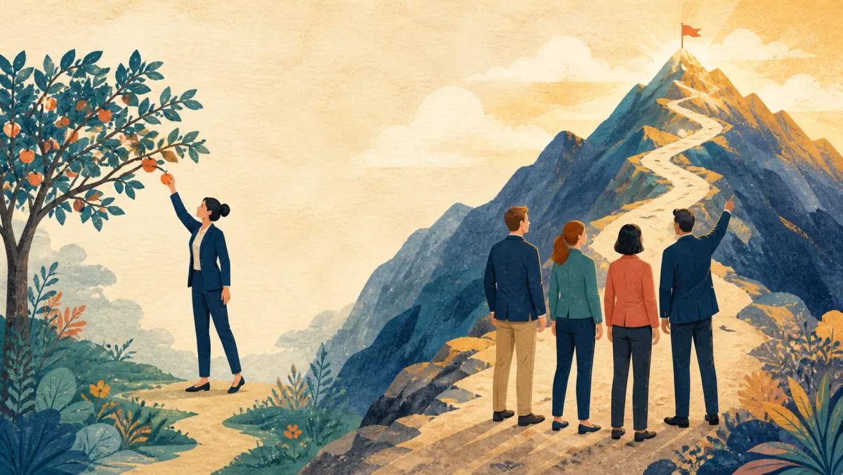 An easily reached fruit beside a team choosing a clearly correct but difficult mountain route