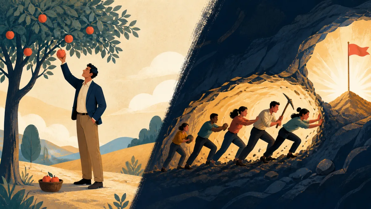 An easily reached fruit beside a team working intensely through a short tunnel toward a visible result