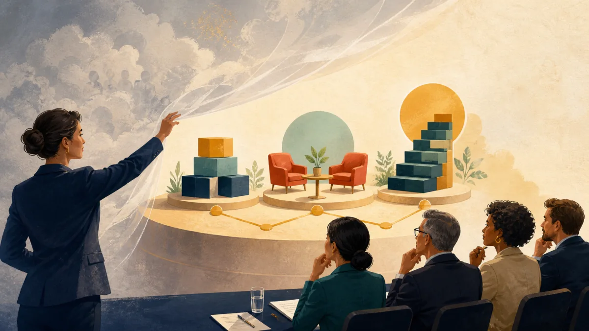 A presenter revealing three specific connected workplace components to a skeptical review panel