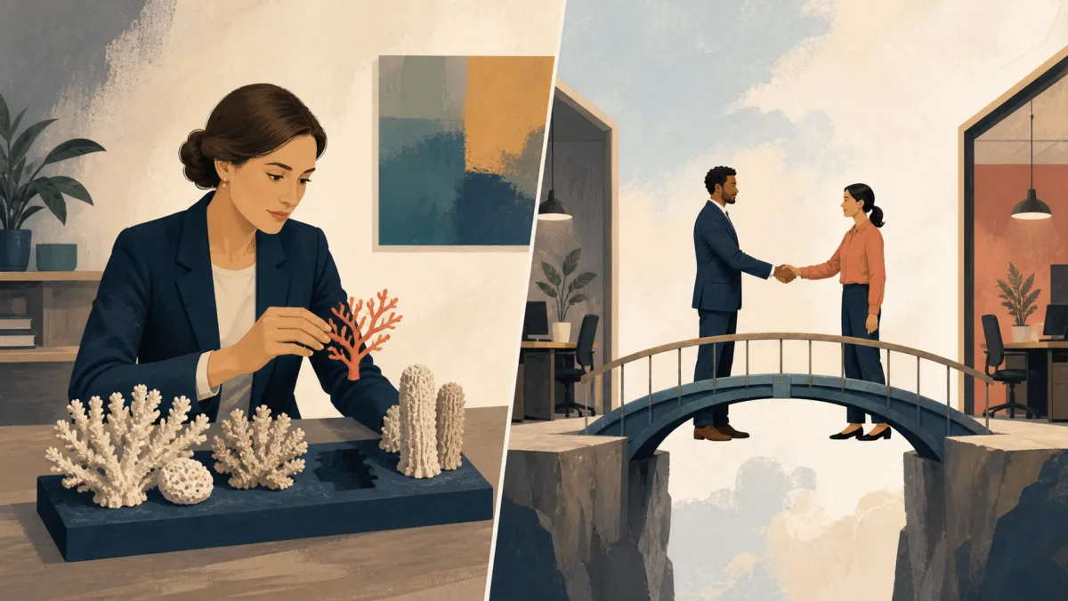 A professional fabricates a coral piece while two colleagues repair a bridge and reconcile across it