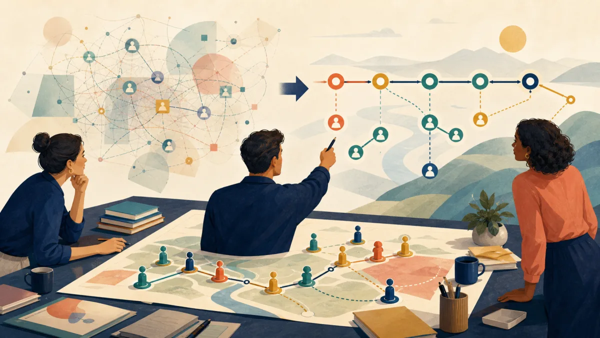 Professionals turning a tangled network into a clear route with connected stages and owners