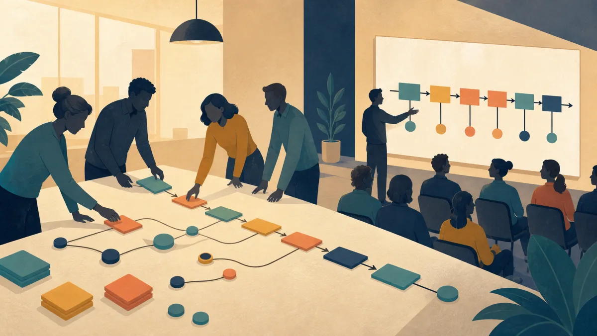 A team constructing a sequenced plan before a presenter shows the completed structure to an audience