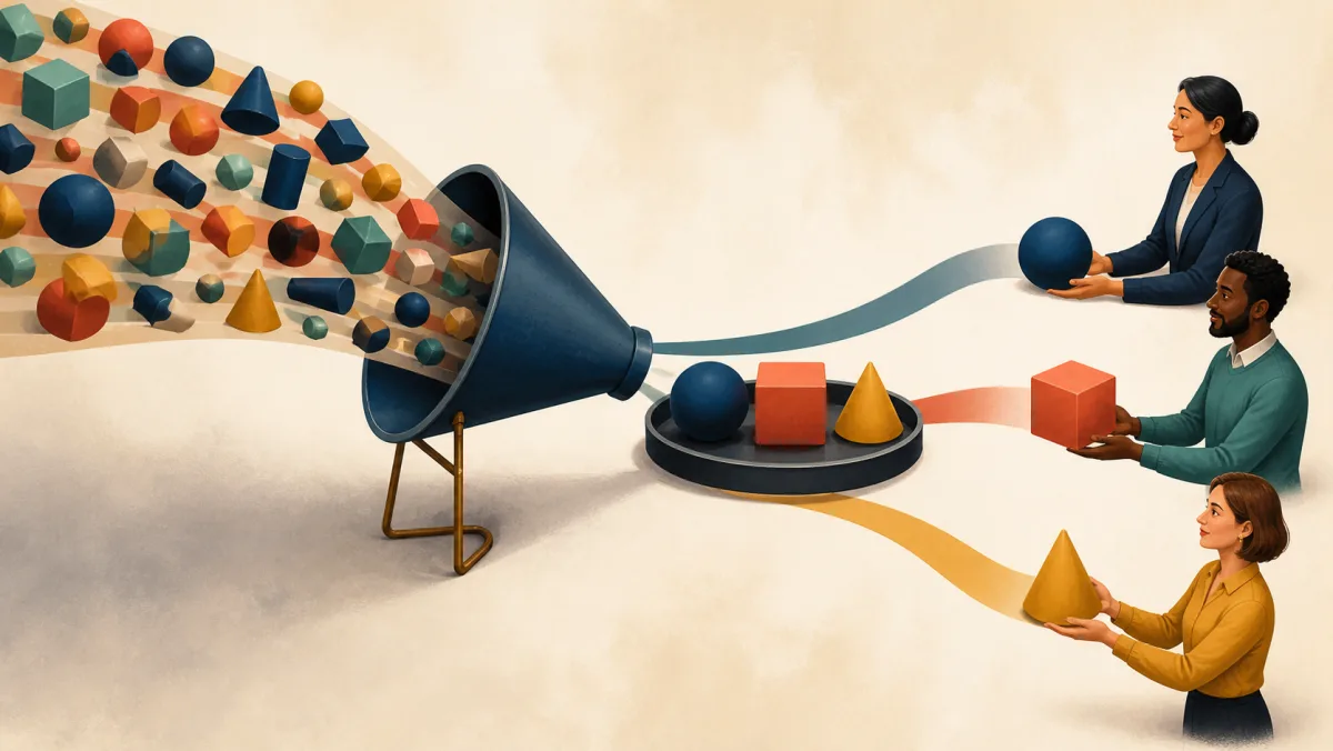 Many meeting objects pass through a funnel into three takeaway shapes that continue toward their owners