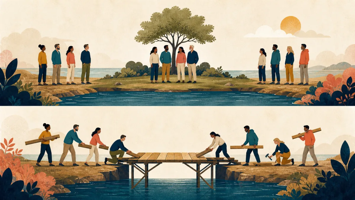 Groups sharing existing land above and jointly building a new central bridge below