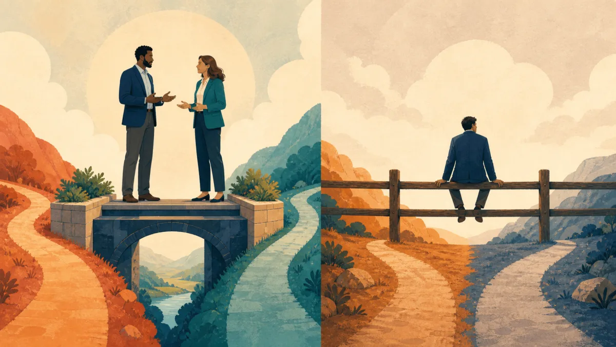Two professionals negotiating on a central bridge beside a person remaining undecided on a fence