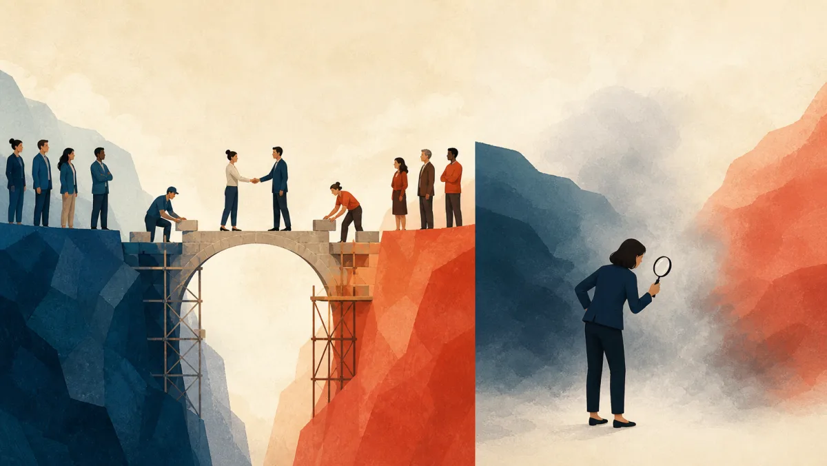 Professionals meeting on a constructed central bridge beside a person examining a foggy boundary