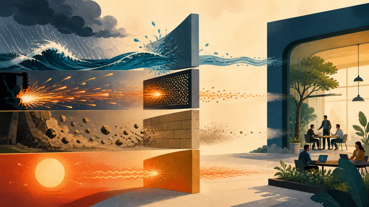 Several barriers reducing water, sparks, debris, and heat before they reach a workplace