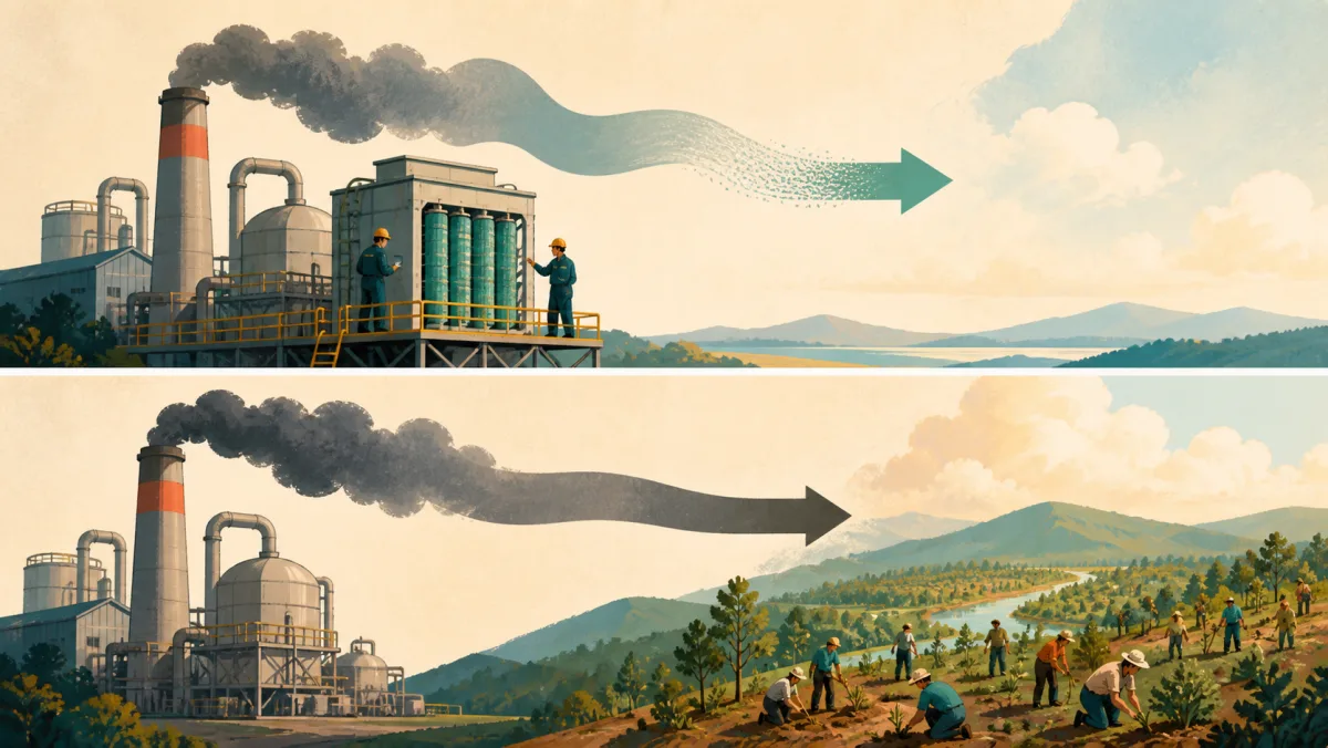 Factory emissions reduced by filters above and balanced by a separate restoration project below