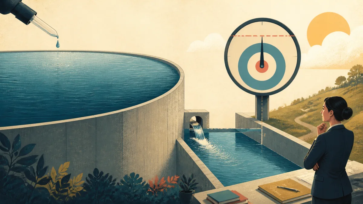 A tiny drop entering a vast reservoir beside a modest reduction that remains below its target
