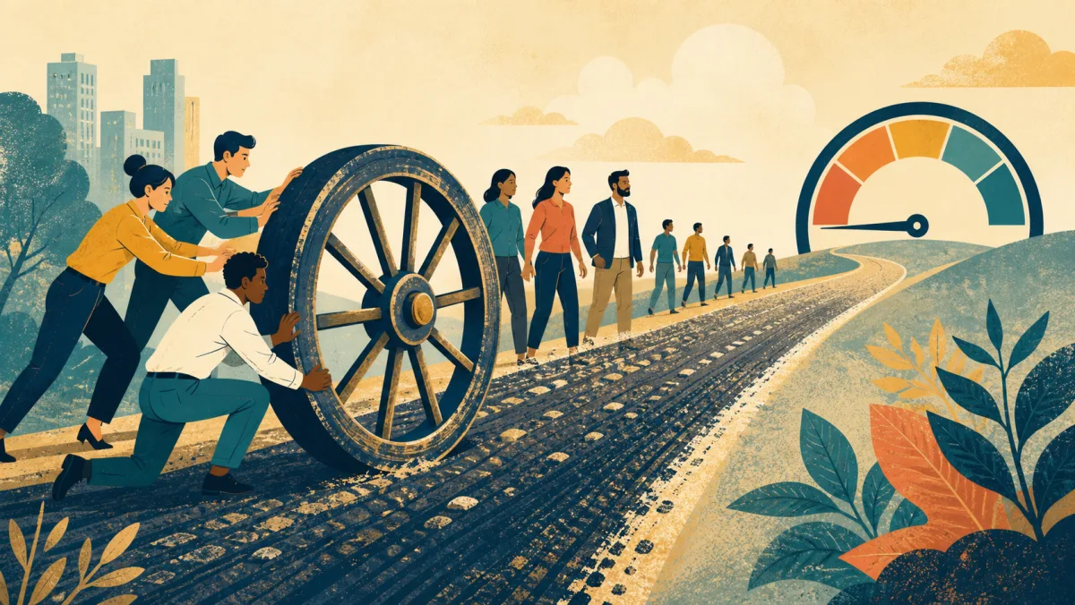 A team gaining traction with a large wheel while the distant result gauge has not yet moved