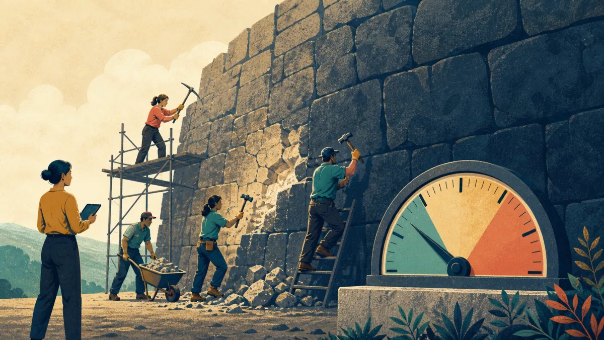 Workers making a real dent in a huge stone problem while the overall outcome gauge remains low