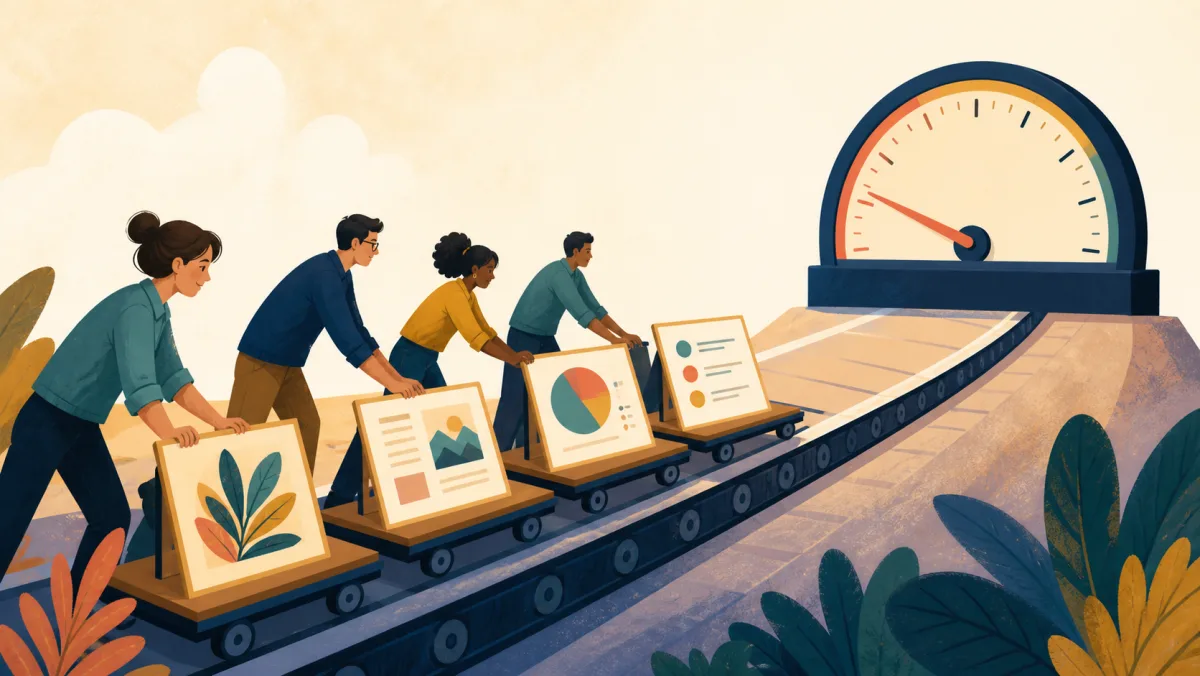 A team advancing completed work along a track toward an outcome gauge that has not moved