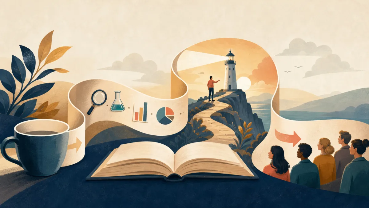 An unfolding narrative ribbon connecting evidence, a complete scene, and a distinct audience