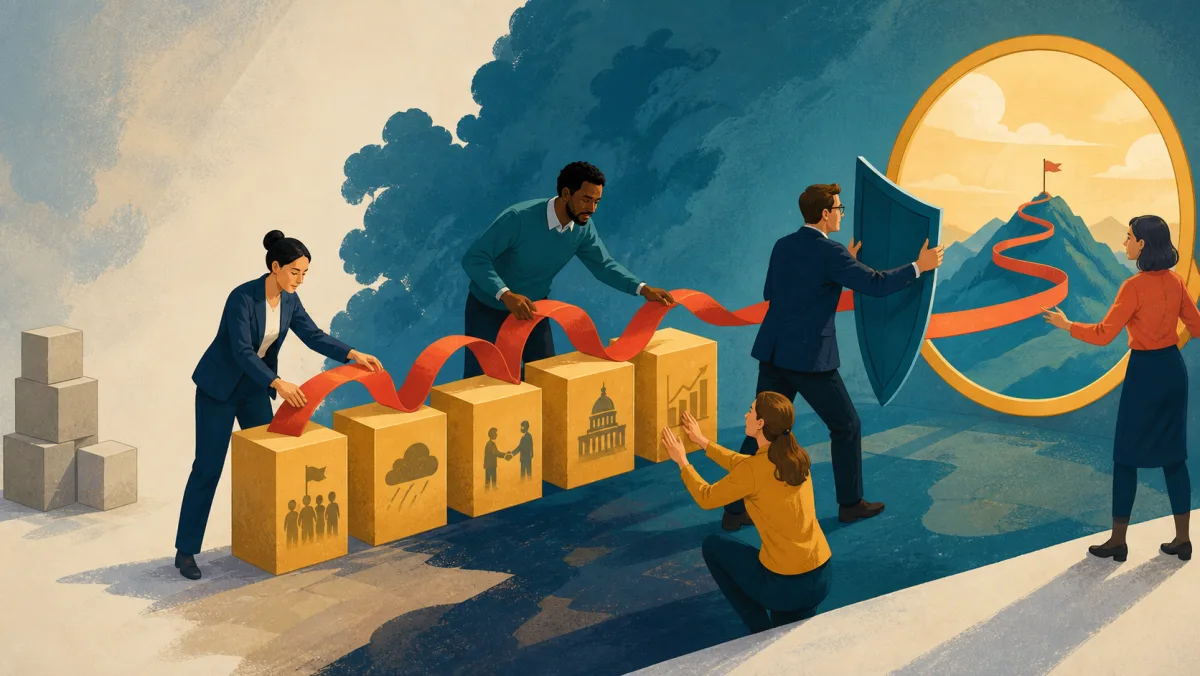 Professionals building and defending a continuous strategic ribbon across connected factual events