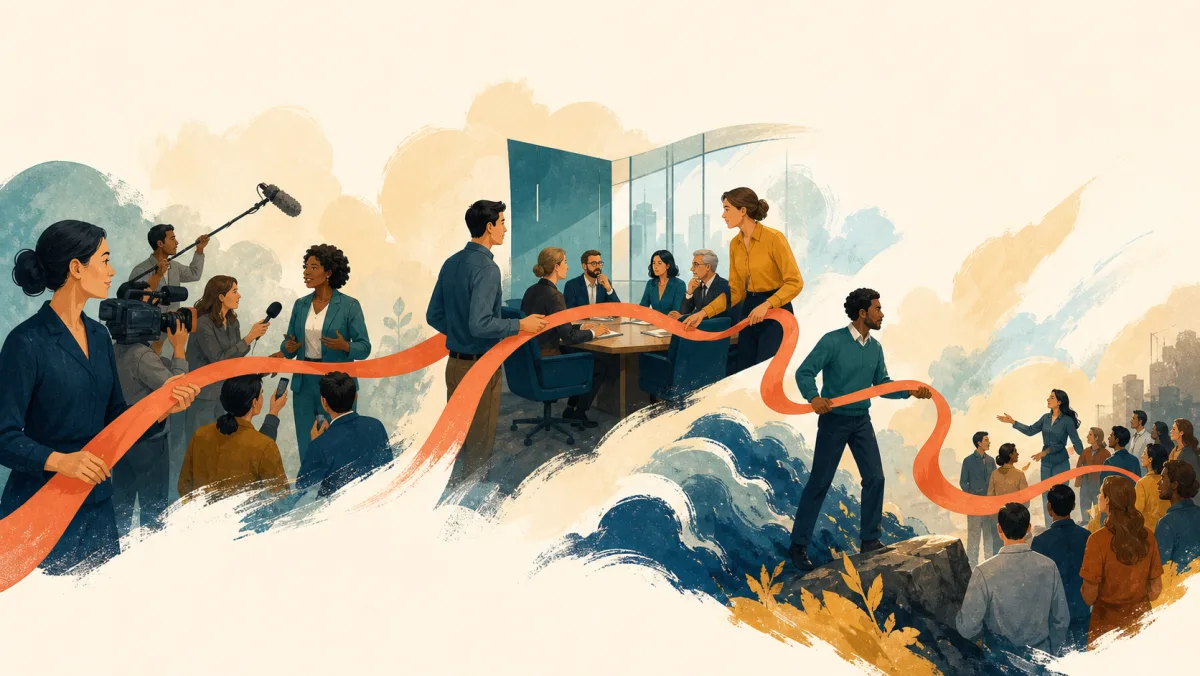 A communications team carrying one narrative ribbon through press, meetings, and public speaking