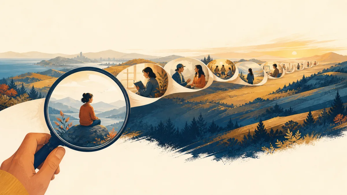 One event viewed through a close lens beside many framed moments connected across a long landscape