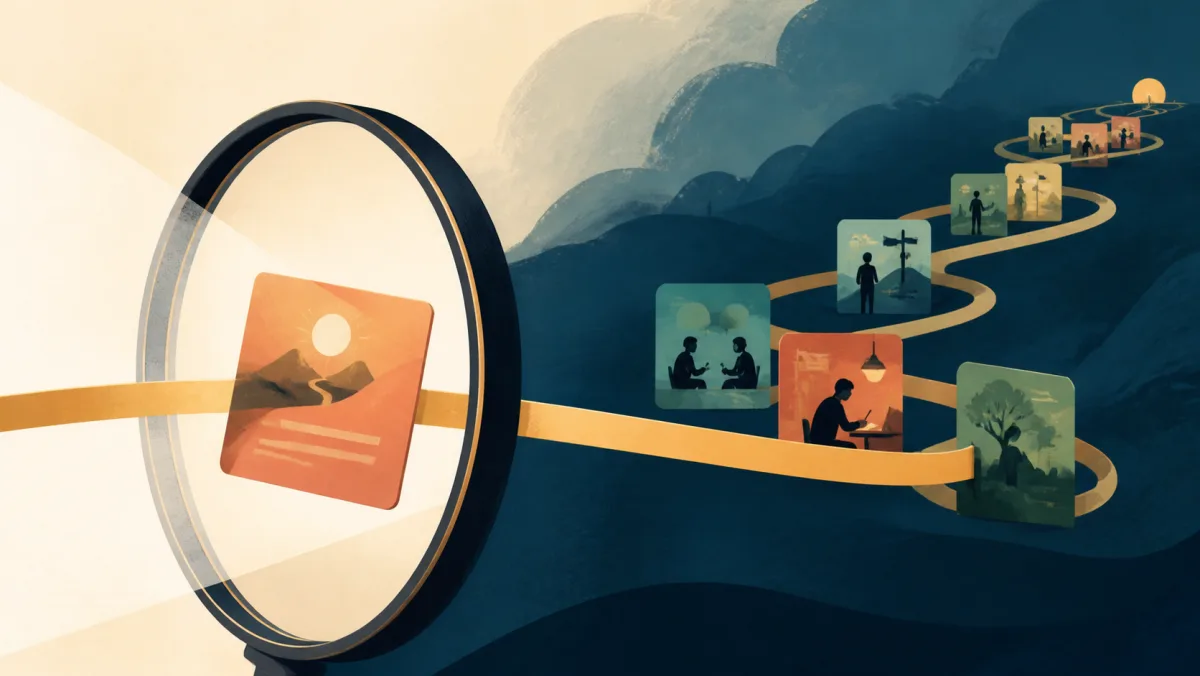 A single event card passing through a framing lens into a long connected sequence of events