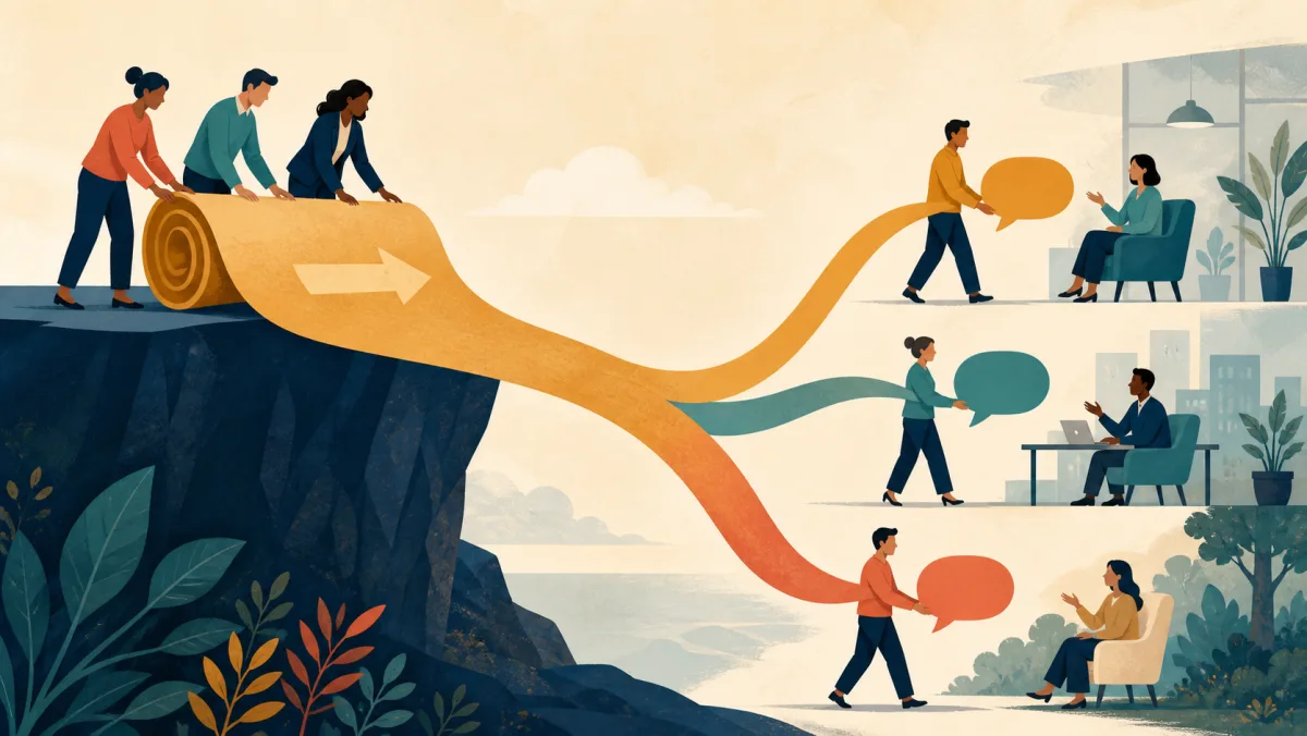 A strategic narrative ribbon branching into distinct messages delivered in several conversations