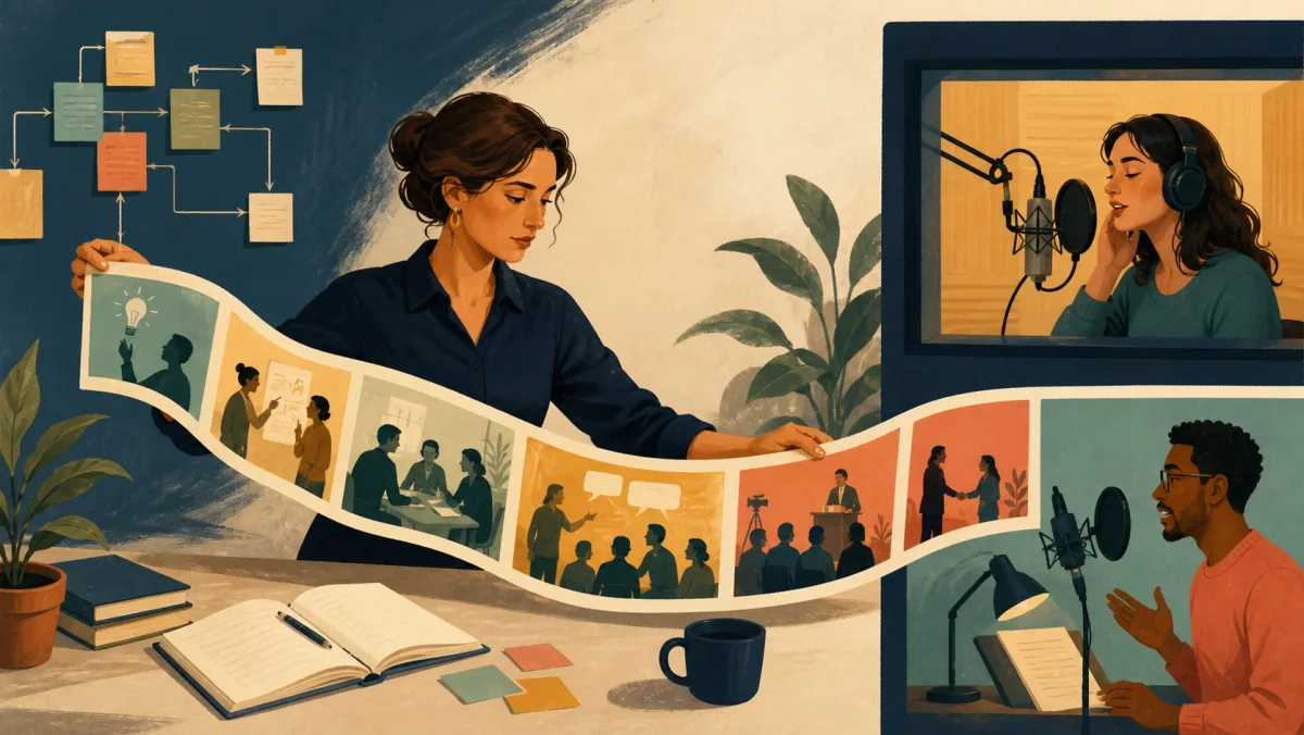 A strategist shaping a narrative ribbon beside two people recording spoken narration