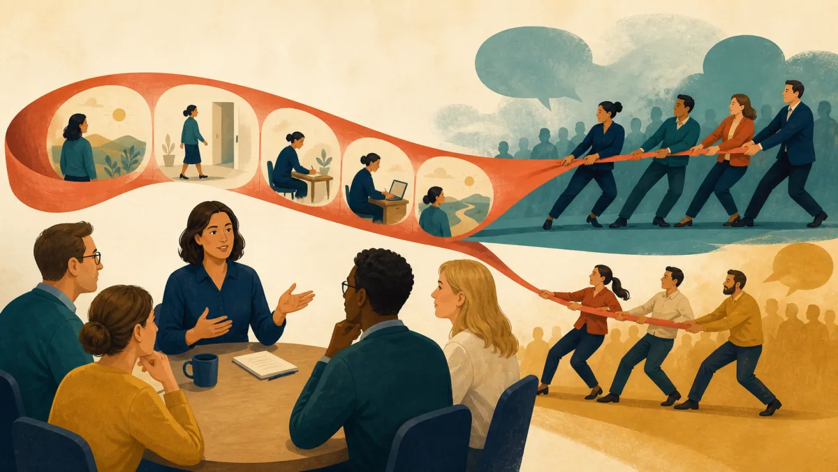 A simple account shared at a table beside groups contesting control of a strategic ribbon