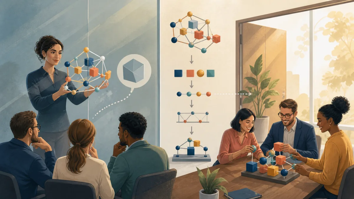 A professional's complex connected idea appears as a simpler shape through glass before an open practice path reveals it fully
