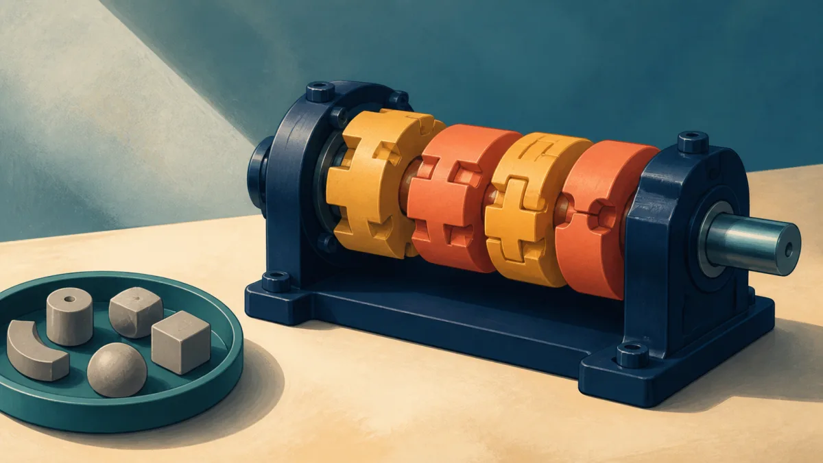 Four fitted ochre and coral couplings forming a compact mechanism beside unrelated gray pieces