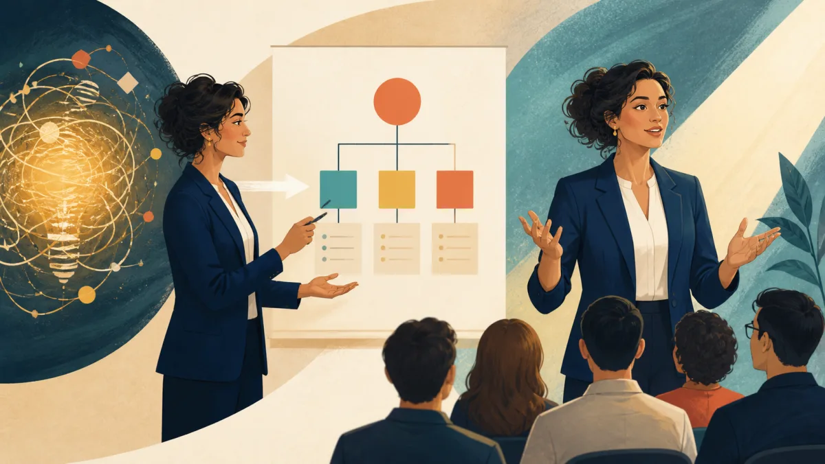 A professional turning a complex idea into a clear model and presenting it confidently to an audience