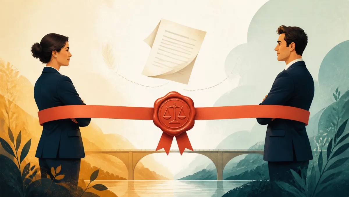 Two parties connected by a sealed agreement band that applies equally across both sides