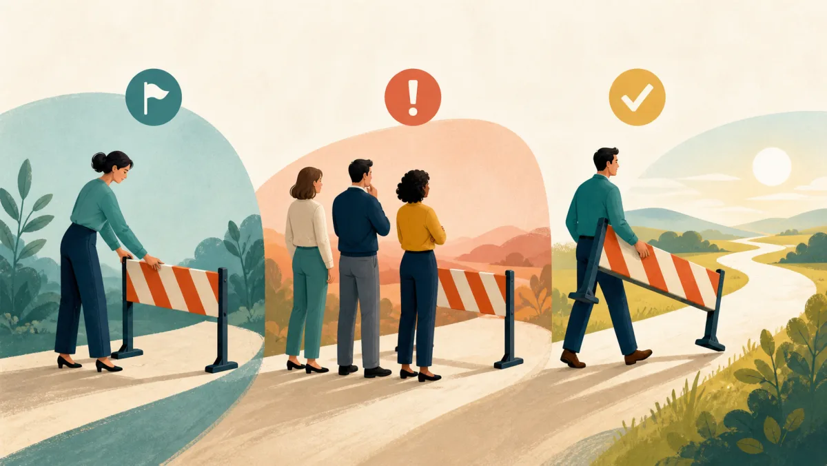 A workplace barrier being raised, encountered, and finally cleared from the team's path