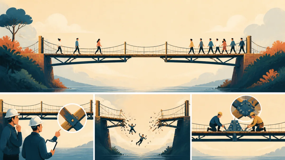 A bridge with a hidden weak joint breaking under heavier traffic before engineers reinforce it