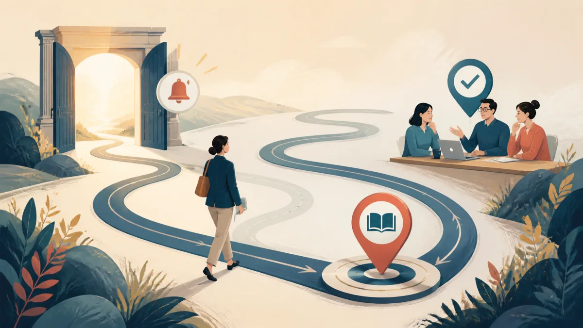 A professional following a looping path back to one unresolved topic after a review checkpoint