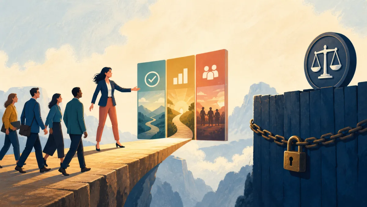 A persuasive path drawing decision-makers forward beside a separate locked obligation barrier