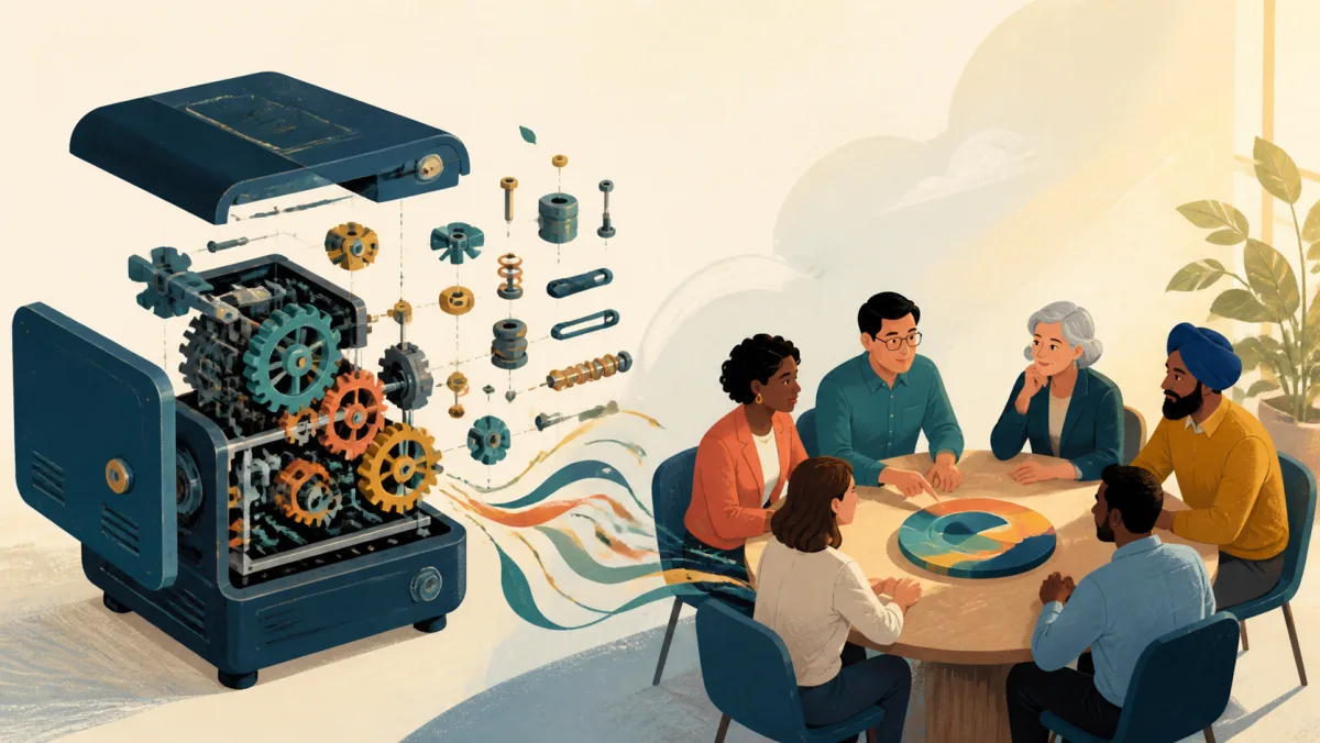 An opened machine showing its component parts beside stakeholder groups gathered around a decision