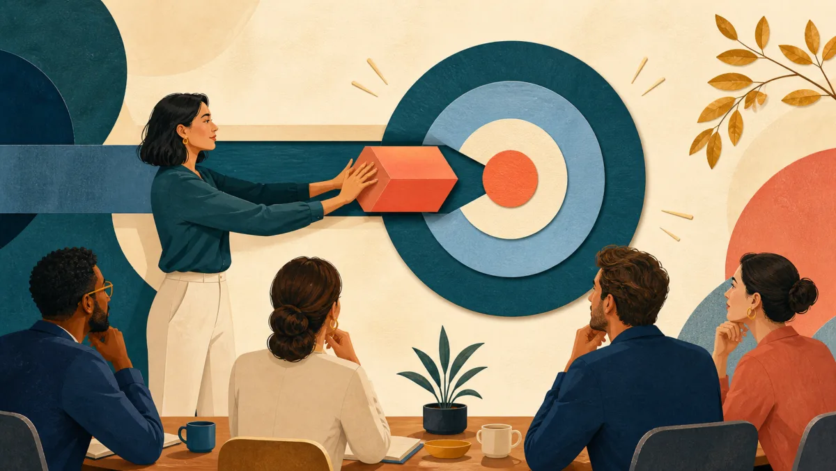 A presenter firmly guiding one clear idea into a central target before attentive colleagues
