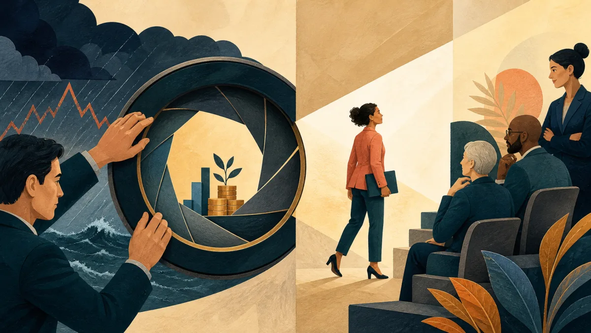A finance professional limiting market exposure while another professional gains visibility with senior colleagues