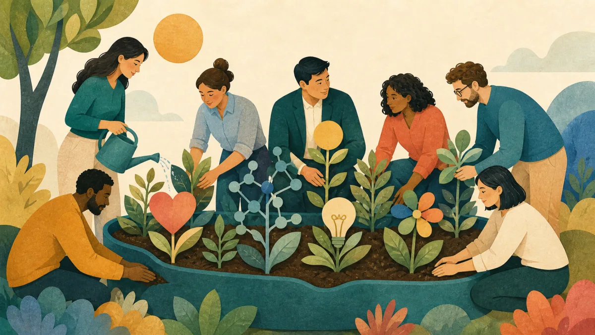 A diverse team cultivating a shared garden of trust, innovation, belonging, relationships, and talent