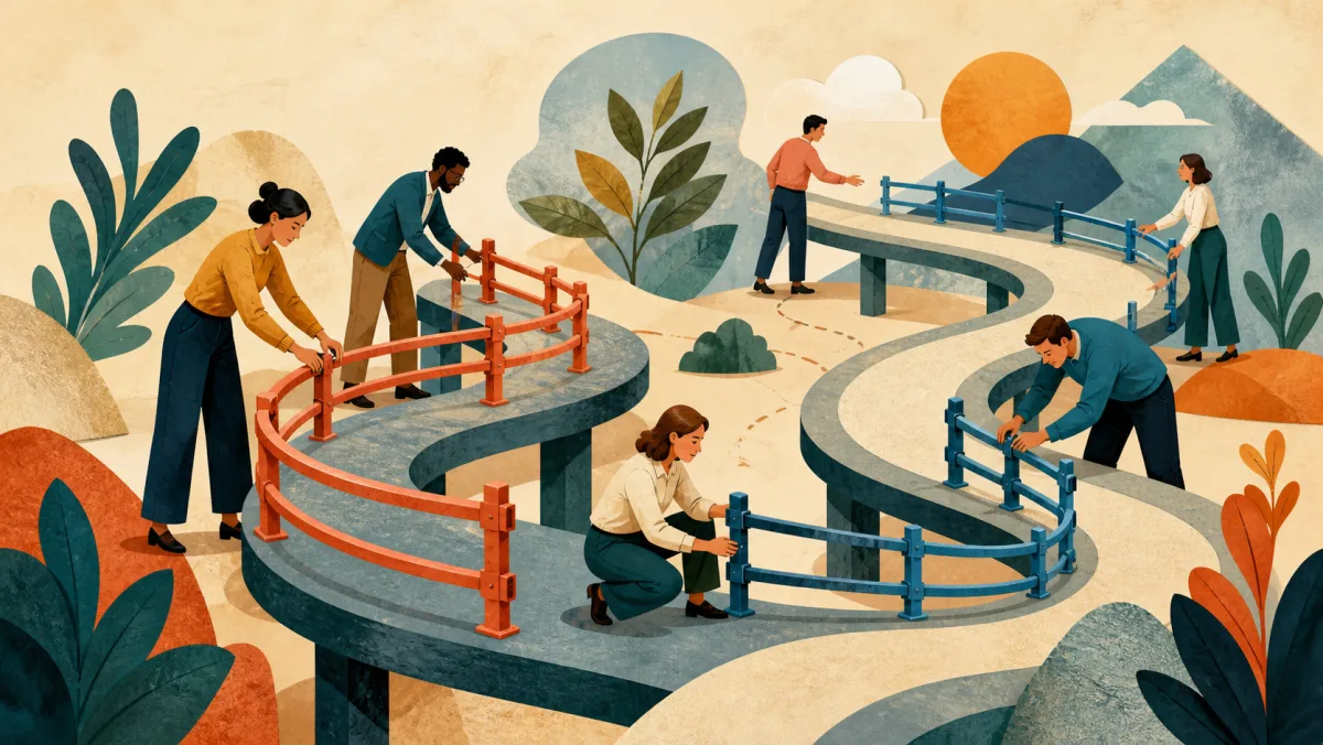 A team setting and adjusting protective rails around the turns of a flexible project pathway