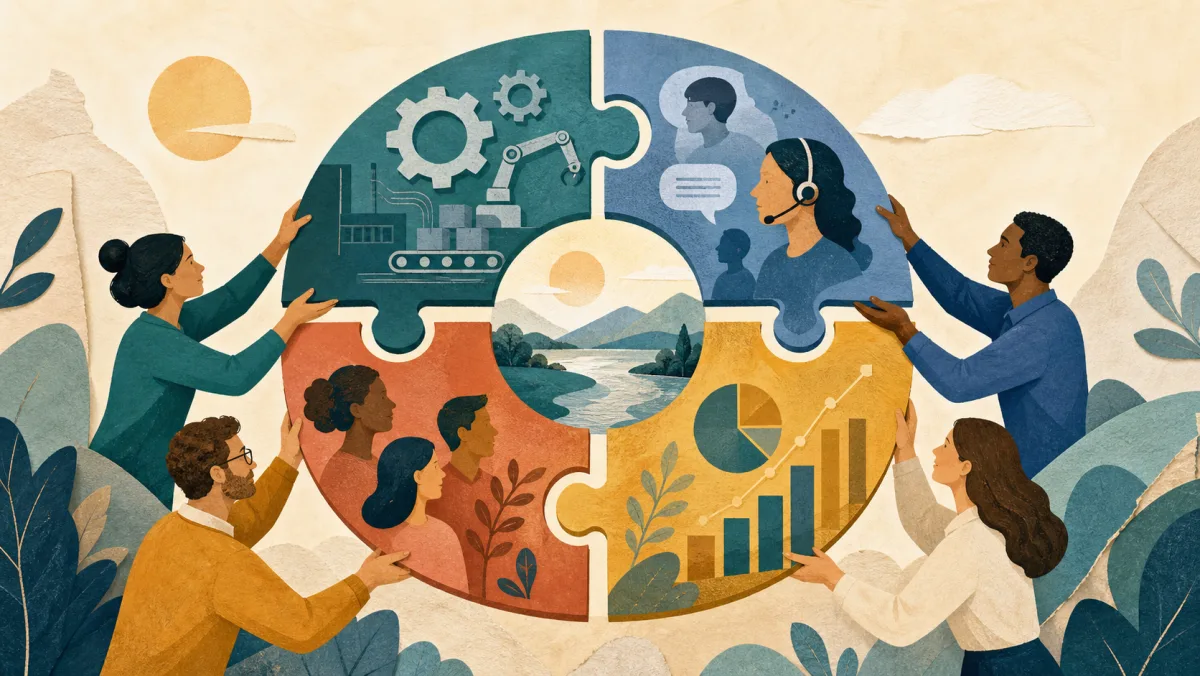 Colleagues assembling connected operational, customer, people, and financial pieces into one ecosystem