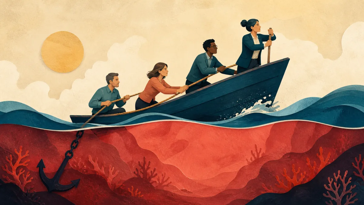 A business team rowing its vessel upward from a deep coral-red financial zone