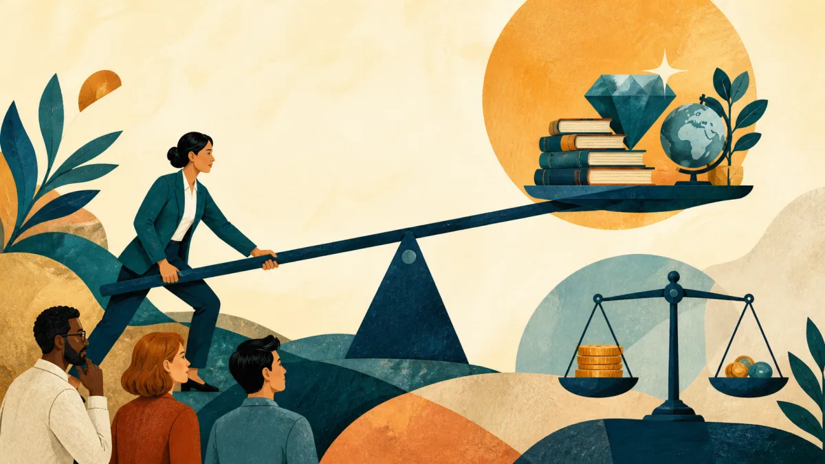 A professional using a long lever to amplify valuable resources beside a financial balance