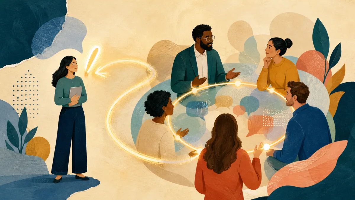A glowing communication loop expanding to include a colleague who was outside the team circle