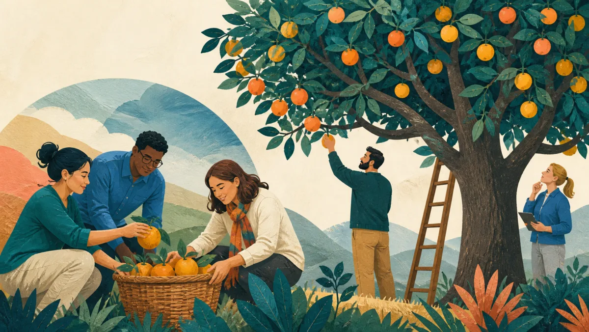 A team harvesting the nearest accessible fruit for an immediate win while higher fruit remains