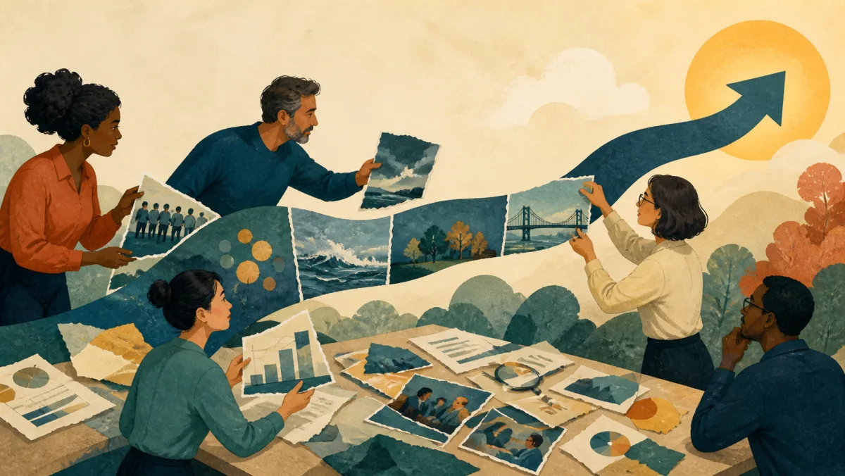 Professionals arranging scattered events and evidence into one coherent directional narrative