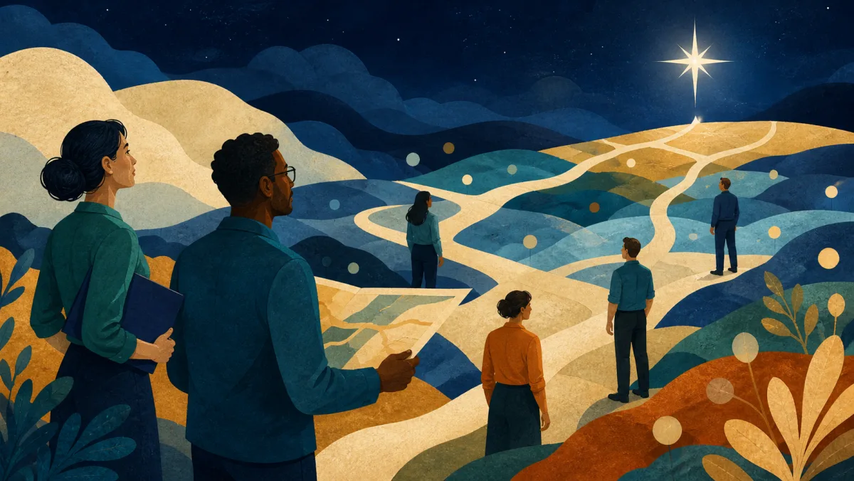 A professional team orienting through branching paths toward one bright fixed guiding star