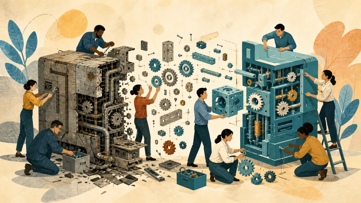 Engineers completely rebuilding an outdated work system with renewed major components
