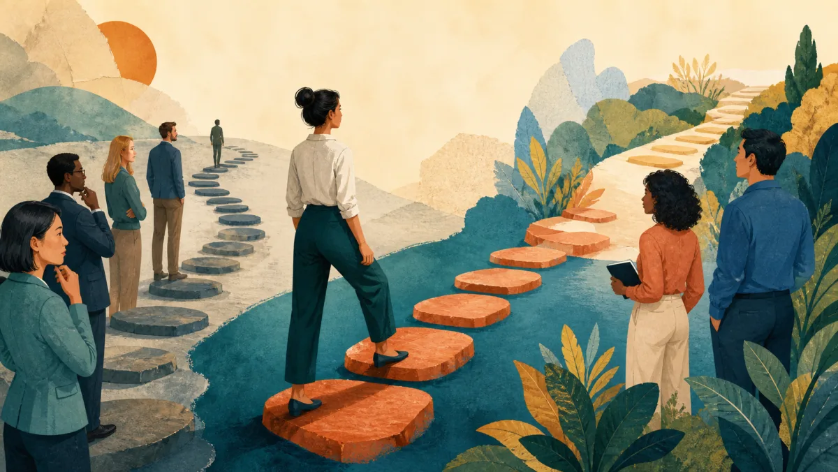 One carefully placed stepping stone becoming a pattern for later decisions beside a new path